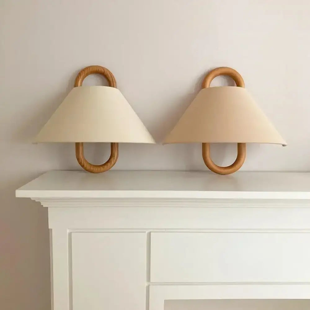 Wabi-sabi beech wood wall lamp with fabric shade for bedroom