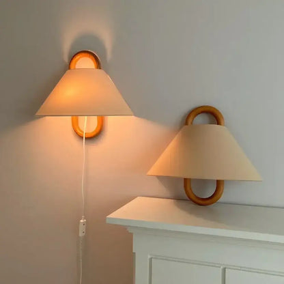 Wabi-sabi beech wood wall lamp with fabric shade for bedroom
