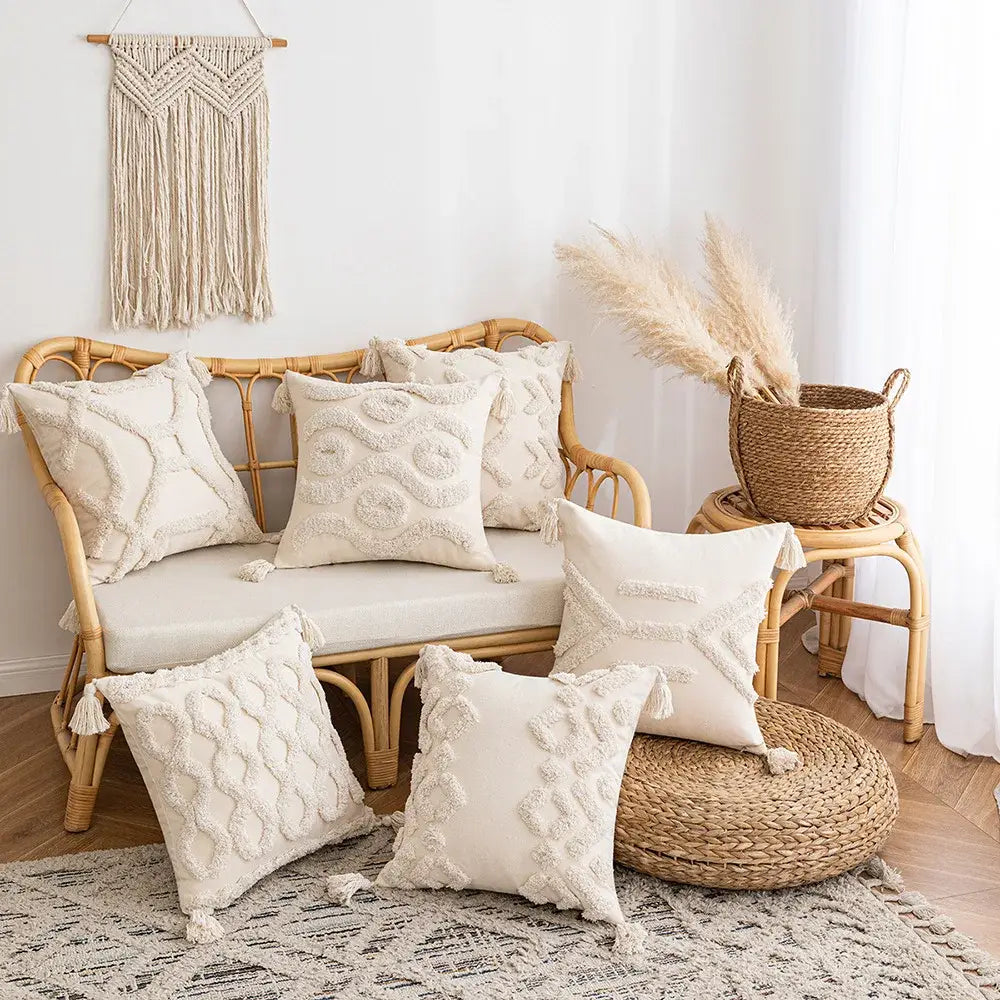 Wabi-sabi beige geometric tufted cushion cover living room pillow