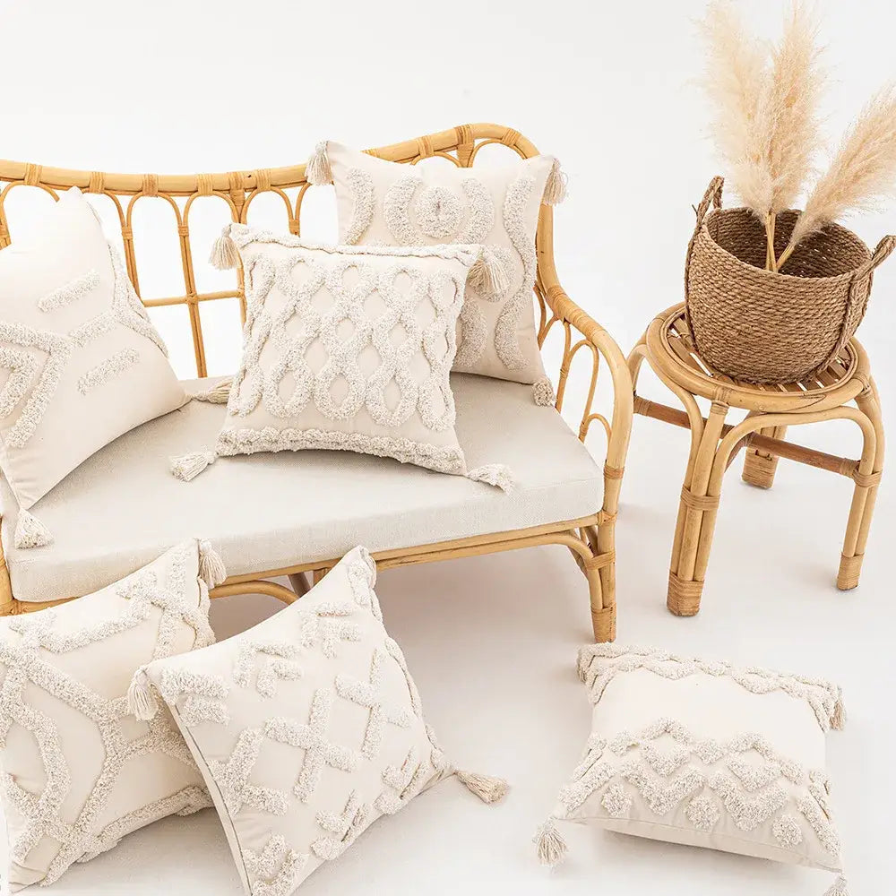 Wabi-sabi beige geometric tufted cushion cover living room pillow