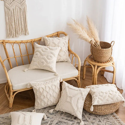 Wabi-sabi beige geometric tufted cushion cover living room pillow