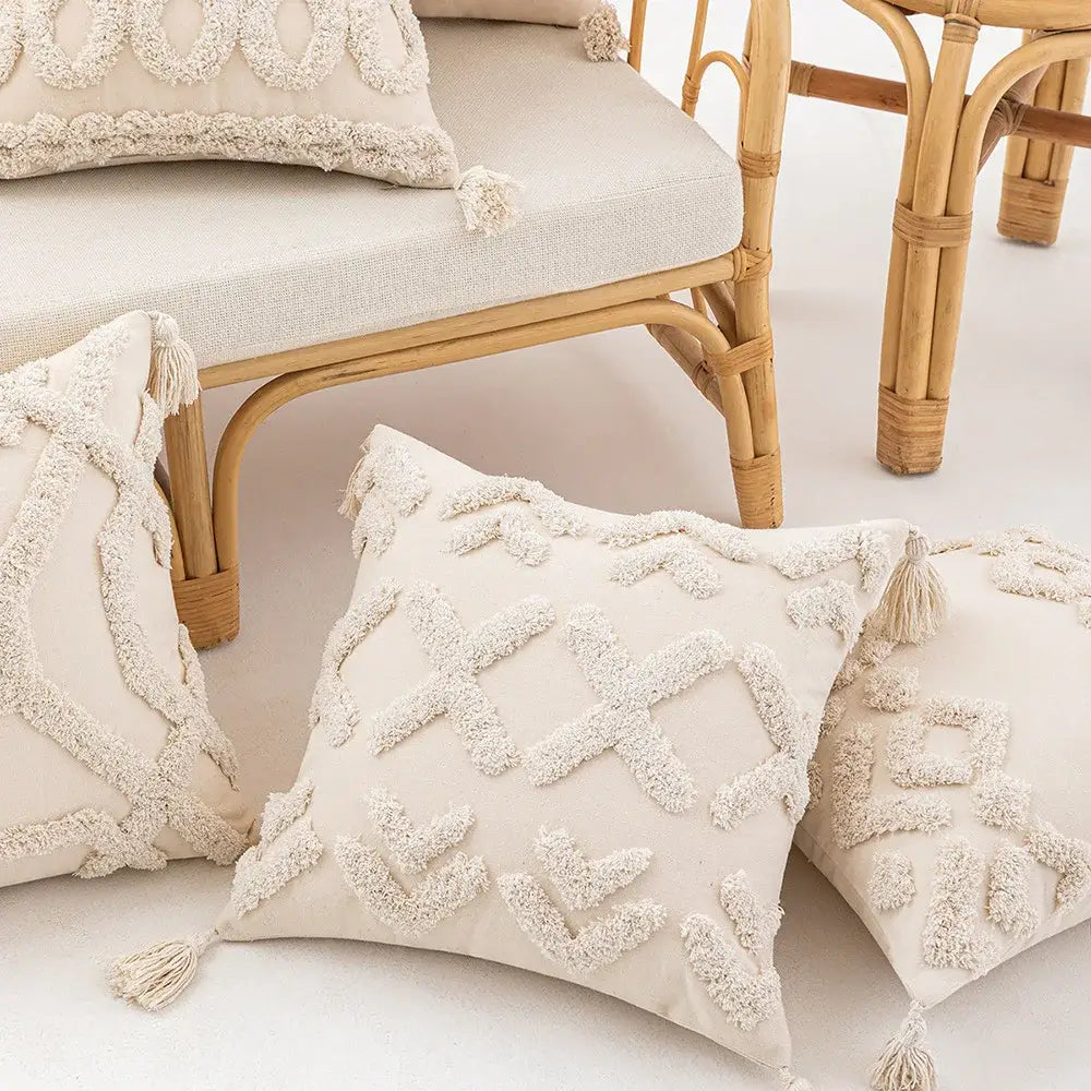 Wabi-sabi beige geometric tufted cushion cover living room pillow