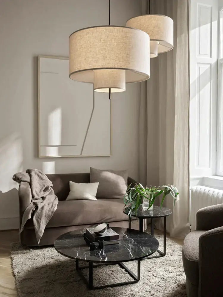 Wabi sabi beige linen cylindrical pendant lamps dining room decor