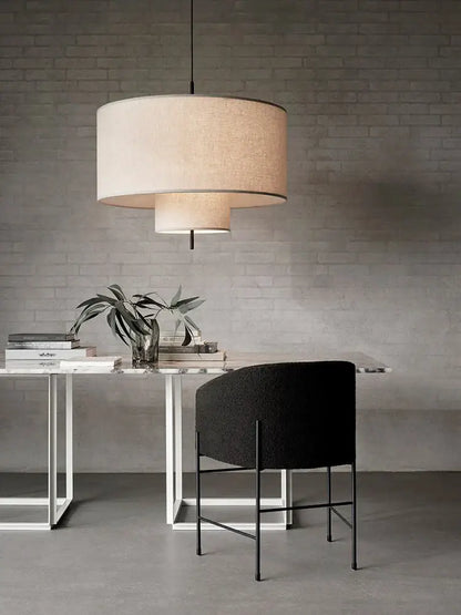 Wabi sabi beige linen cylindrical pendant lamps dining room decor