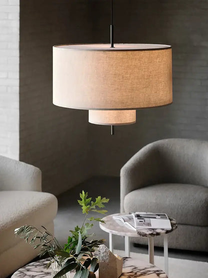 Wabi sabi beige linen cylindrical pendant lamps dining room decor