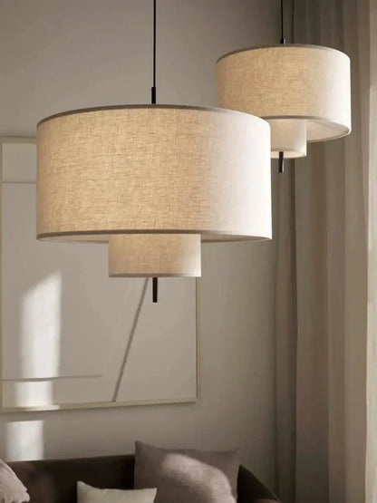 Wabi sabi beige linen cylindrical pendant lamps dining room decor