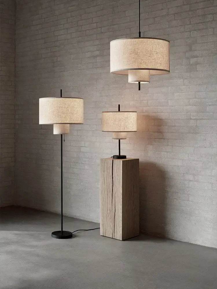 Wabi sabi beige linen cylindrical pendant lamps dining room decor