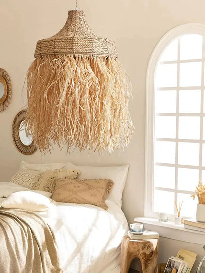 Wabi sabi fringed handmade woven rattan pendant lamps dining room