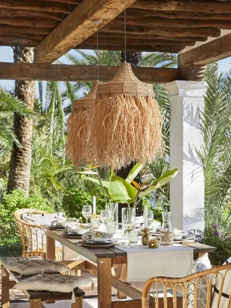Wabi sabi fringed handmade woven rattan pendant lamps dining room
