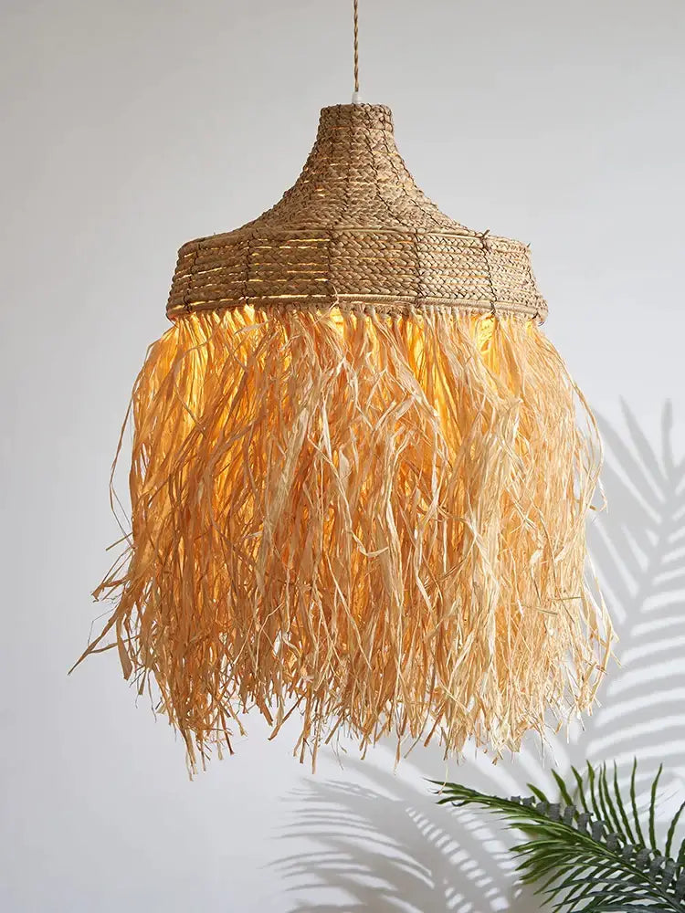 Wabi sabi fringed handmade woven rattan pendant lamps dining room