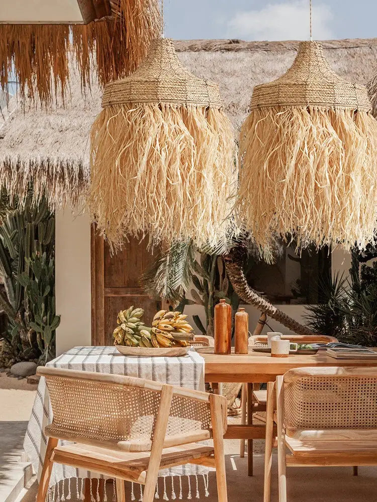 Wabi sabi fringed handmade woven rattan pendant lamps dining room