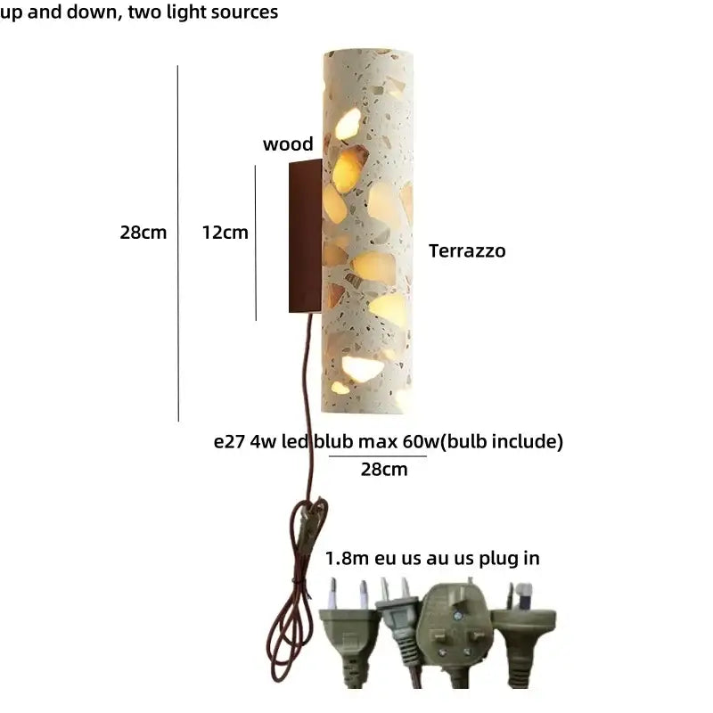 Wabi sabi terrazzo and wood led wall lights bedroom sconce