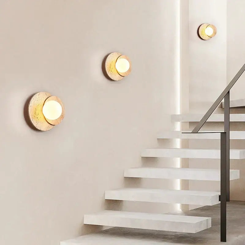 Wabi sabi wood and stone cream style bedroom wall lamp