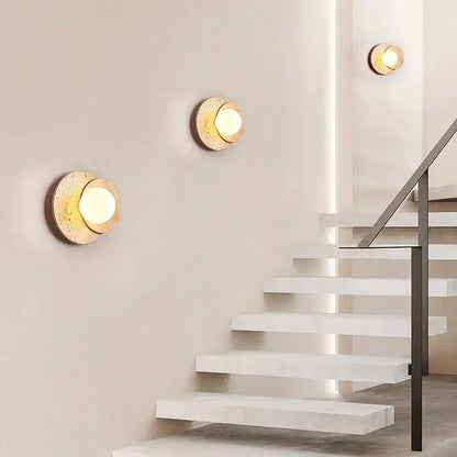 Wabi sabi wood and stone cream style bedroom wall lamp