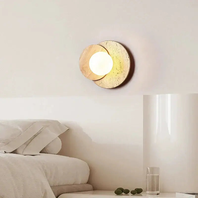 Wabi sabi wood and stone cream style bedroom wall lamp