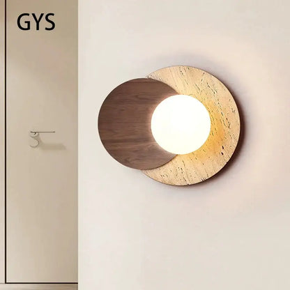 Wabi sabi wood and stone cream style bedroom wall lamp