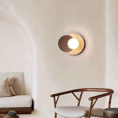 Wabi sabi wood and stone cream style bedroom wall lamp