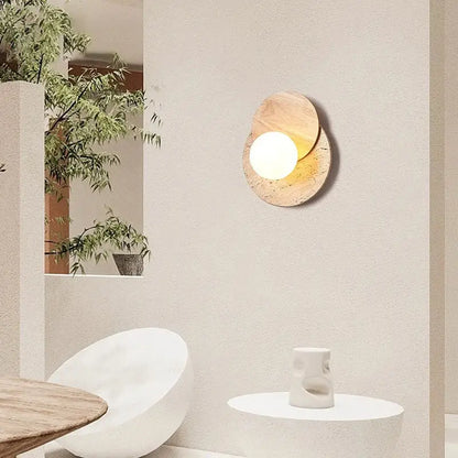 Wabi sabi wood and stone cream style bedroom wall lamp