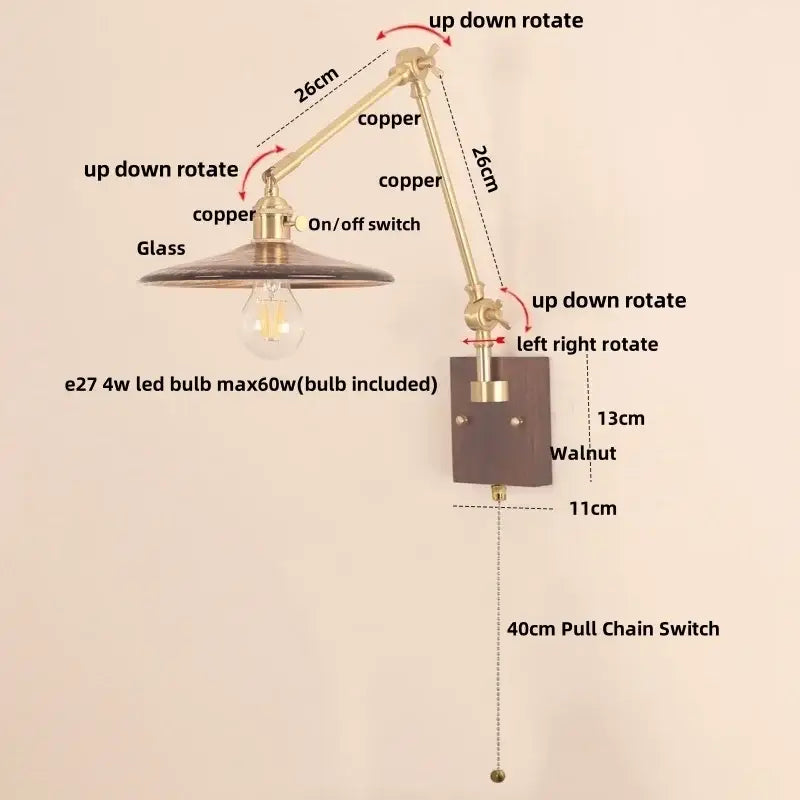 Walnut and brass cube glass led wall sconce bedroom mirror light