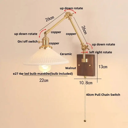 Walnut and brass cube glass led wall sconce bedroom mirror light