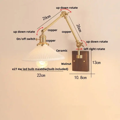 Walnut and brass cube glass led wall sconce bedroom mirror light
