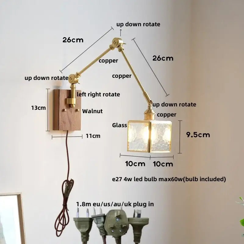 Walnut and brass cube glass led wall sconce bedroom mirror light