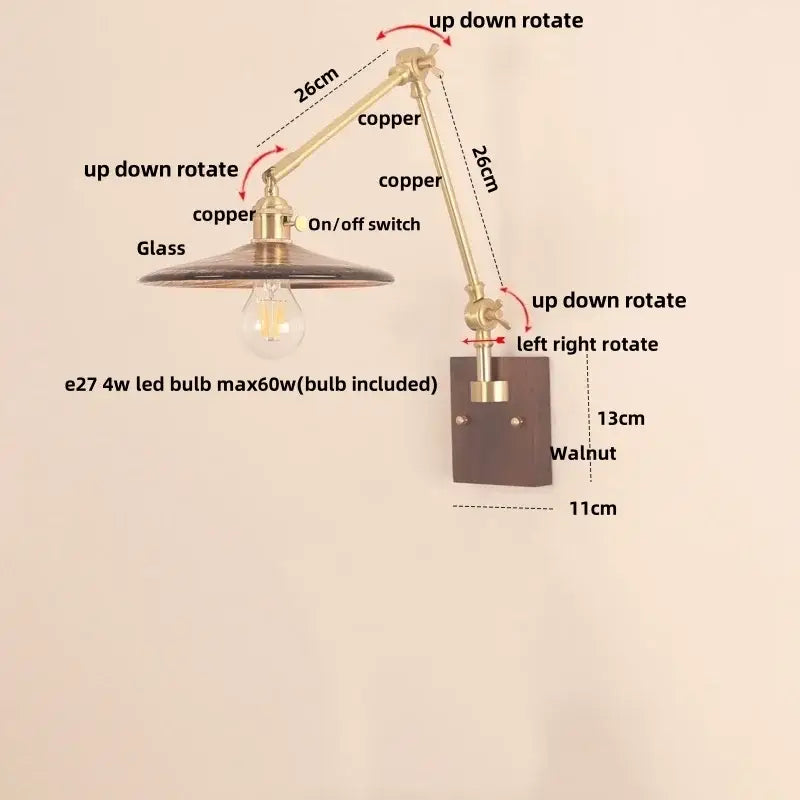 Walnut and brass cube glass led wall sconce bedroom mirror light