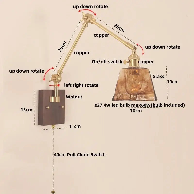 Walnut and brass cube glass led wall sconce bedroom mirror light