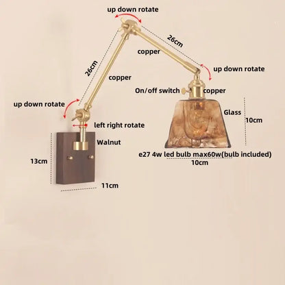 Walnut and brass cube glass led wall sconce bedroom mirror light