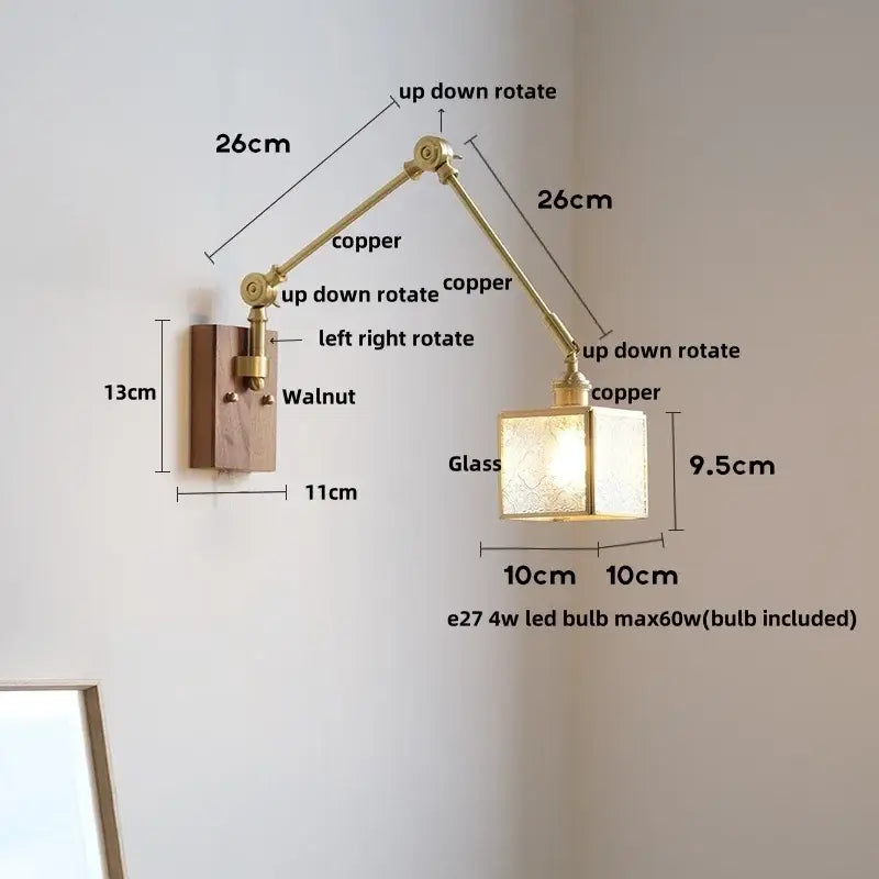 Walnut and brass cube glass led wall sconce bedroom mirror light
