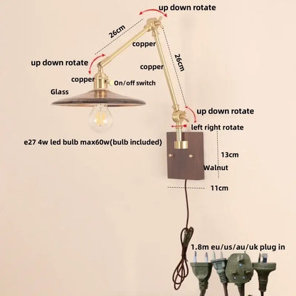 Walnut and brass cube glass led wall sconce bedroom mirror light
