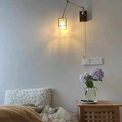 Walnut and brass cube glass led wall sconce bedroom mirror light