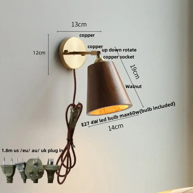 Walnut and brass wall sconce with pull chain switch bedroom light