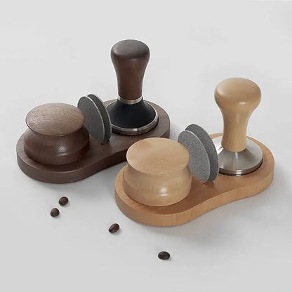 Walnut & oak wooden tamping station kitchen espresso tamper base