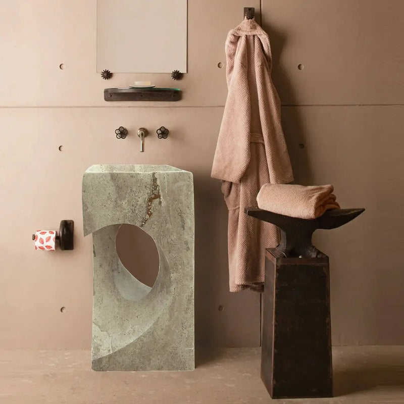 Modern Handcrafted Grey Travertine Pedestal Sink 18 Inch Square