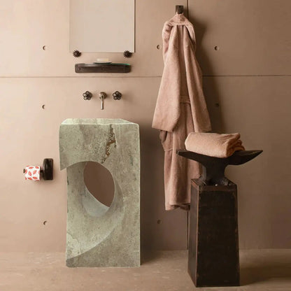 Modern Handcrafted Grey Travertine Pedestal Sink 18 Inch Square