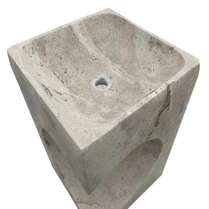 Modern Handcrafted Grey Travertine Pedestal Sink 18 Inch Square