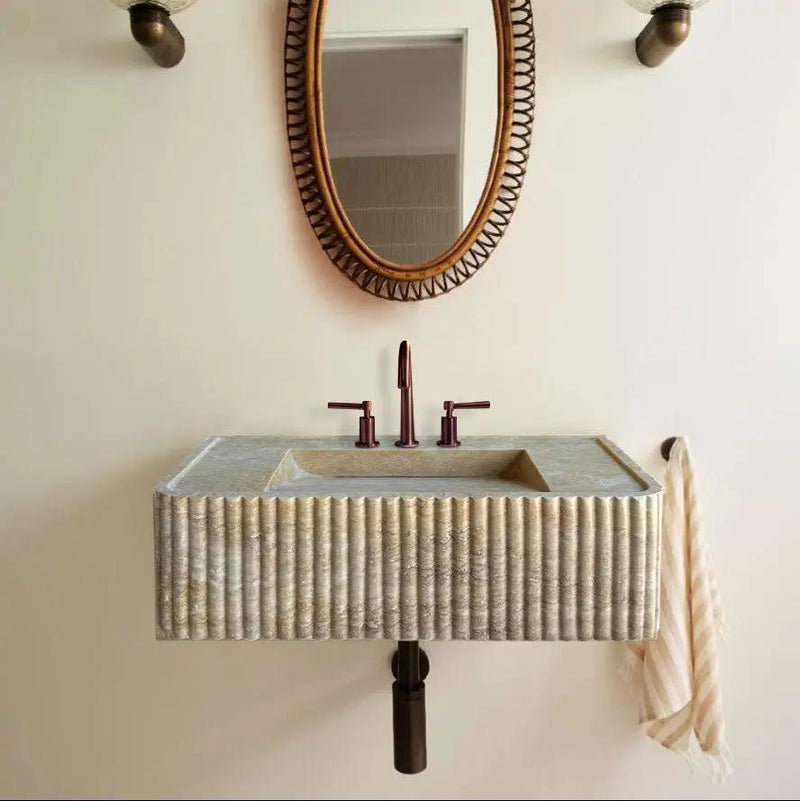 Beige Wall Mount Travertine Bathroom Sink 32 Inches By 16