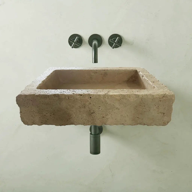 Wall Mount Beige Travertine Bathroom Sink 20x30x8 Handcrafted