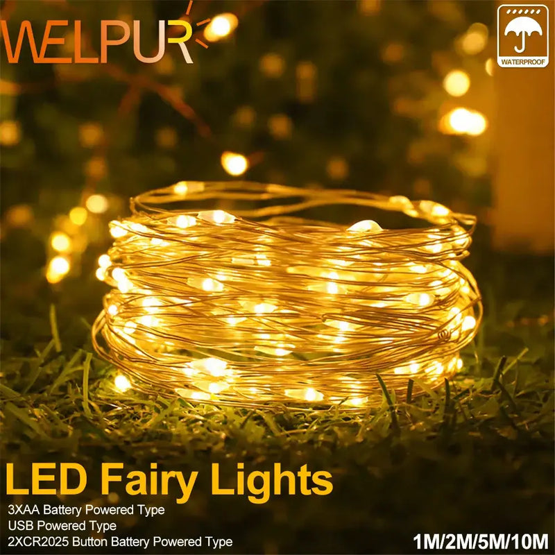 Warm gold copper wire fairy lights outdoor garden decor