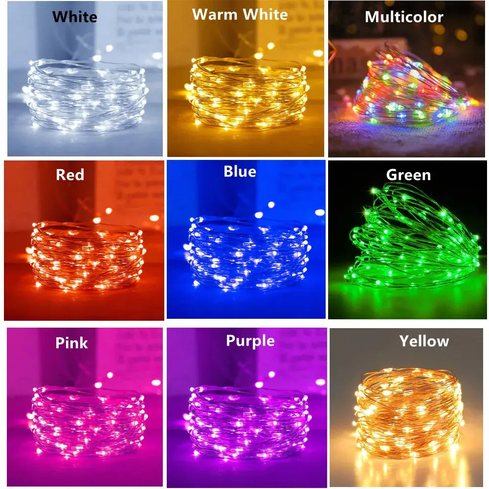 Warm gold copper wire fairy lights outdoor garden decor