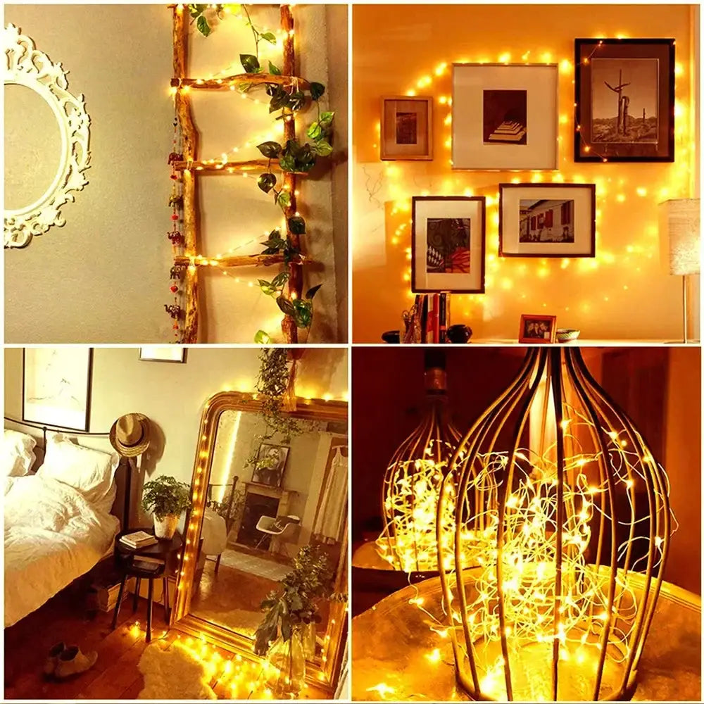 Warm gold copper wire fairy lights outdoor garden decor