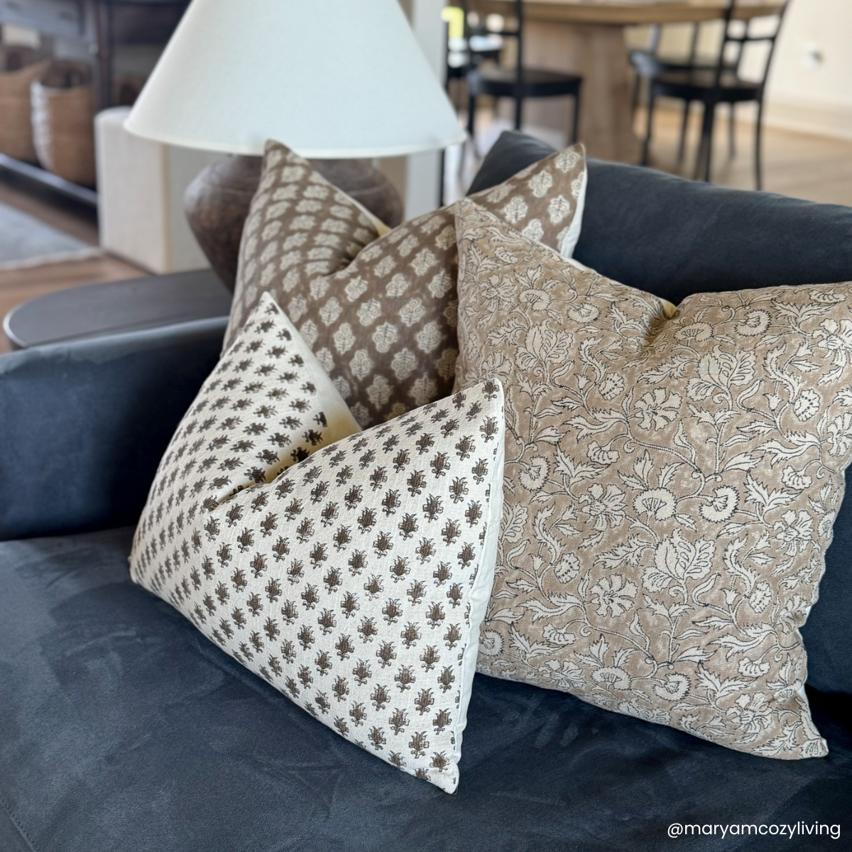 Cora Floral Block Printed Pillow Cover | Brown | Lumbar