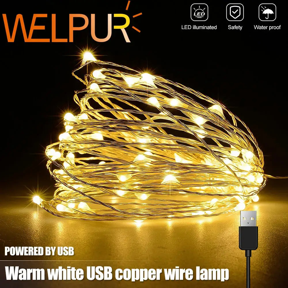 Warm white copper wire led string lights bedroom usb decoration