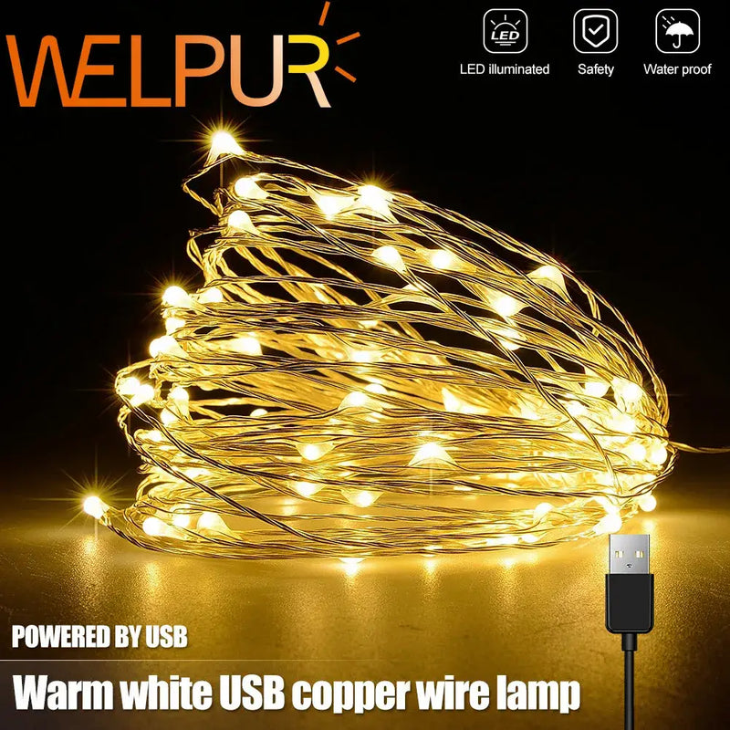 Warm white copper wire led string lights bedroom usb decoration