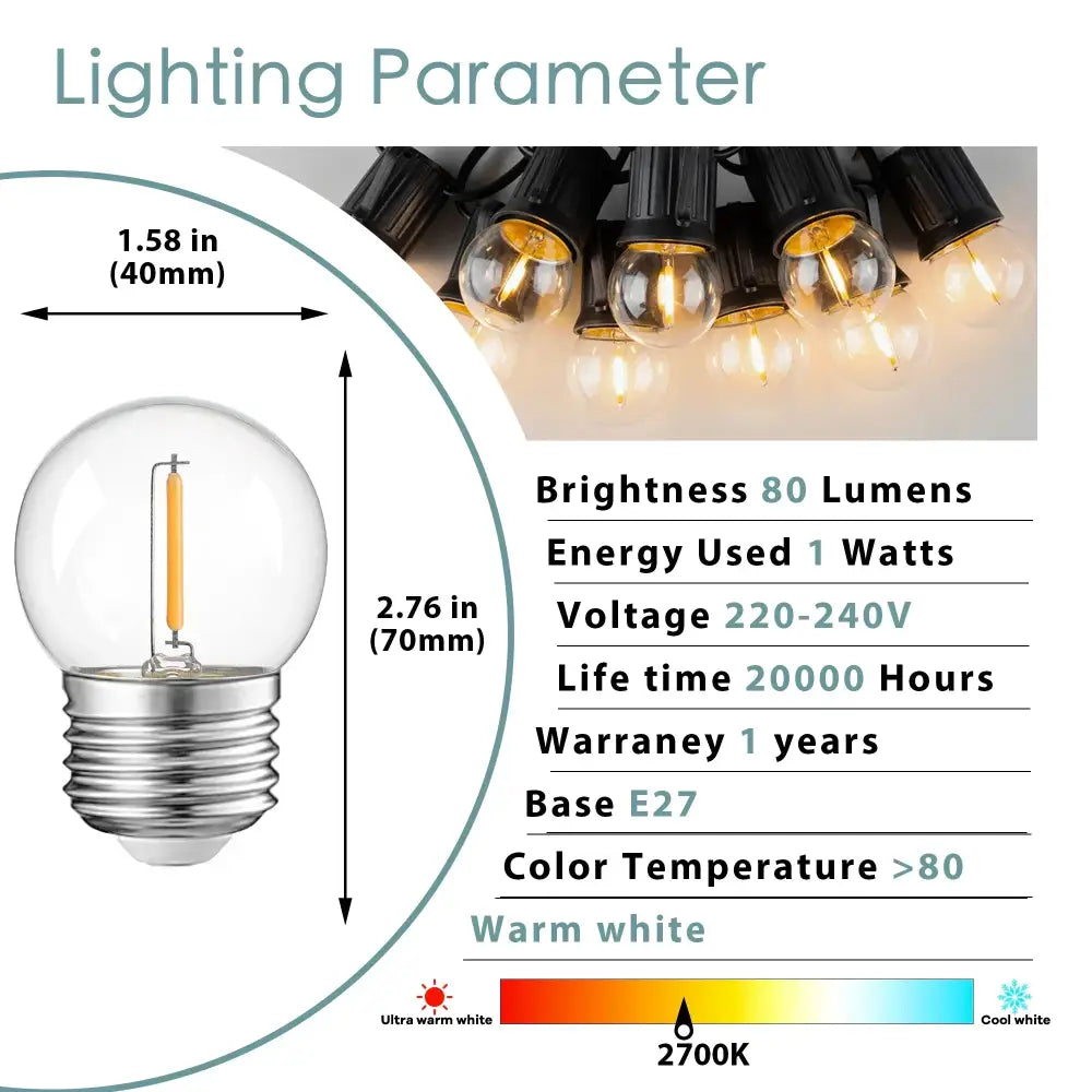 Warm white g40 e27 1w led globe bulbs 15 pack outdoor patio light