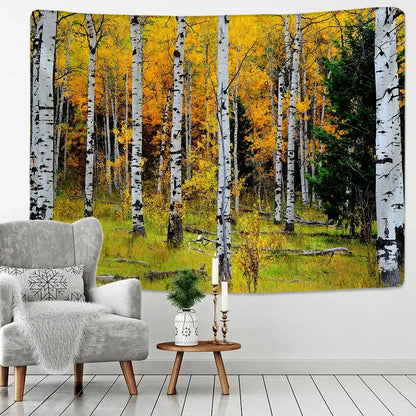 Watercolor birch forest starry sky wall tapestry bedroom art