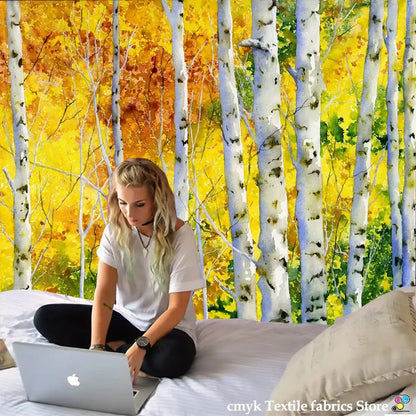 Watercolor birch forest starry sky wall tapestry bedroom art