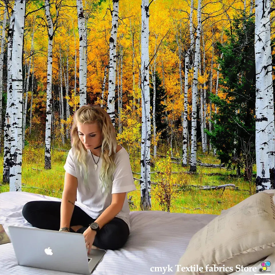 Watercolor birch forest starry sky wall tapestry bedroom art
