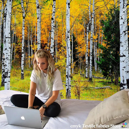 Watercolor birch forest starry sky wall tapestry bedroom art